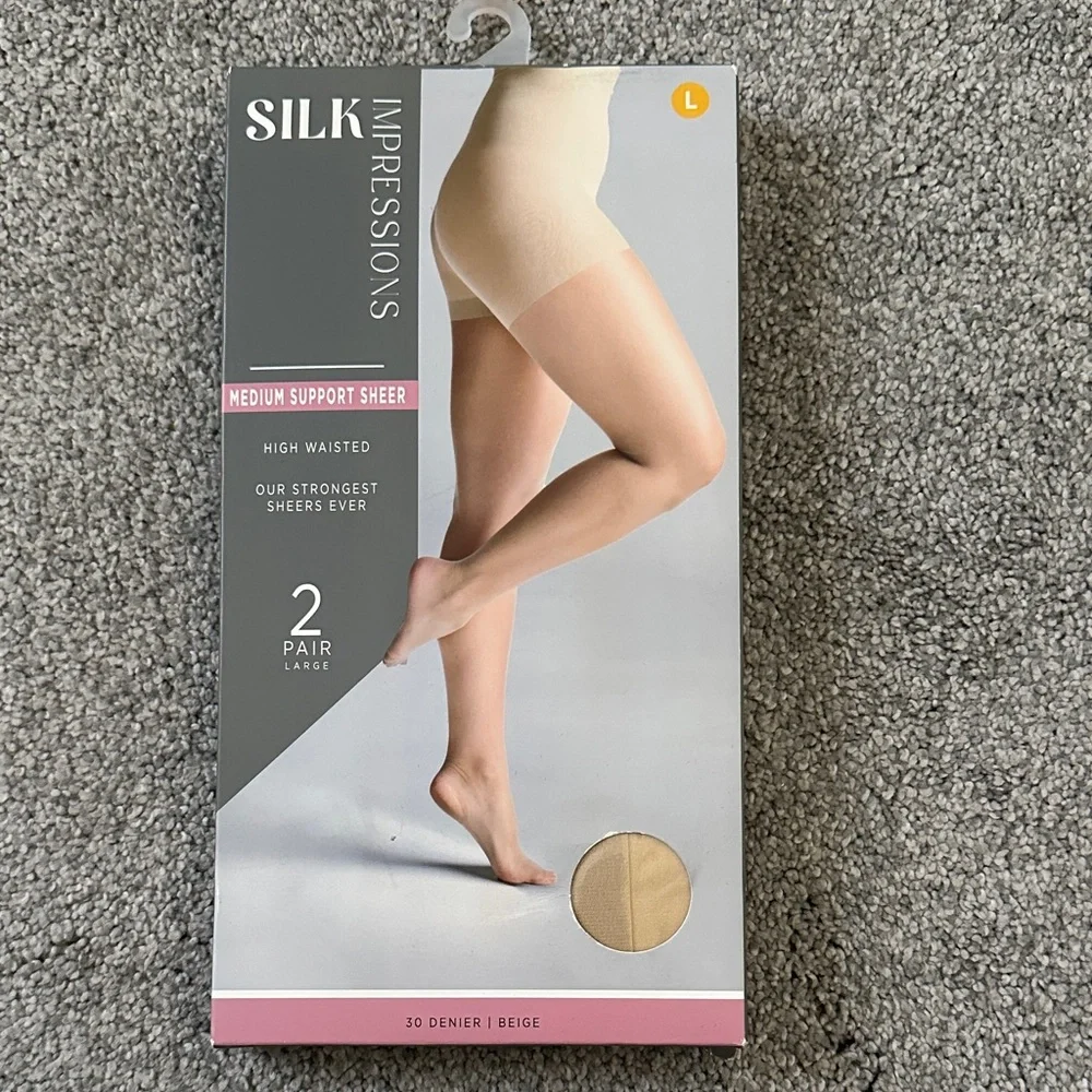 Impressions Beige Support Sheer Hosiery Size Large NWT NEW IN UNOPENED BOX